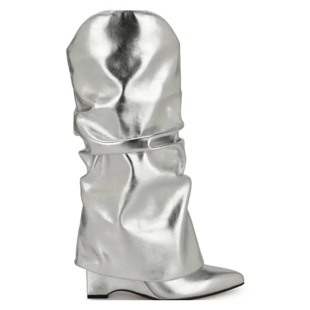 Nine West Women Shoes 6M Amazing Slouchy Point Wedge Heel Boots‎ Silver